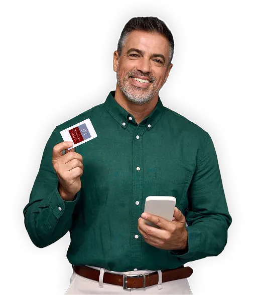 A man showing a card with JML Logo